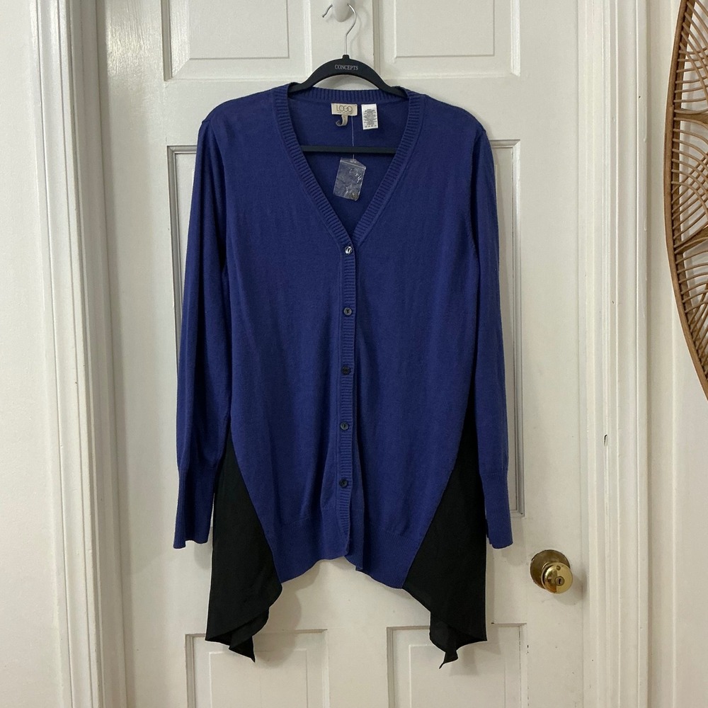 LOGO Lori Goldstein Cashmere Cotton Tunic Cardigan L Cobalt Blue Mixed Media NEW